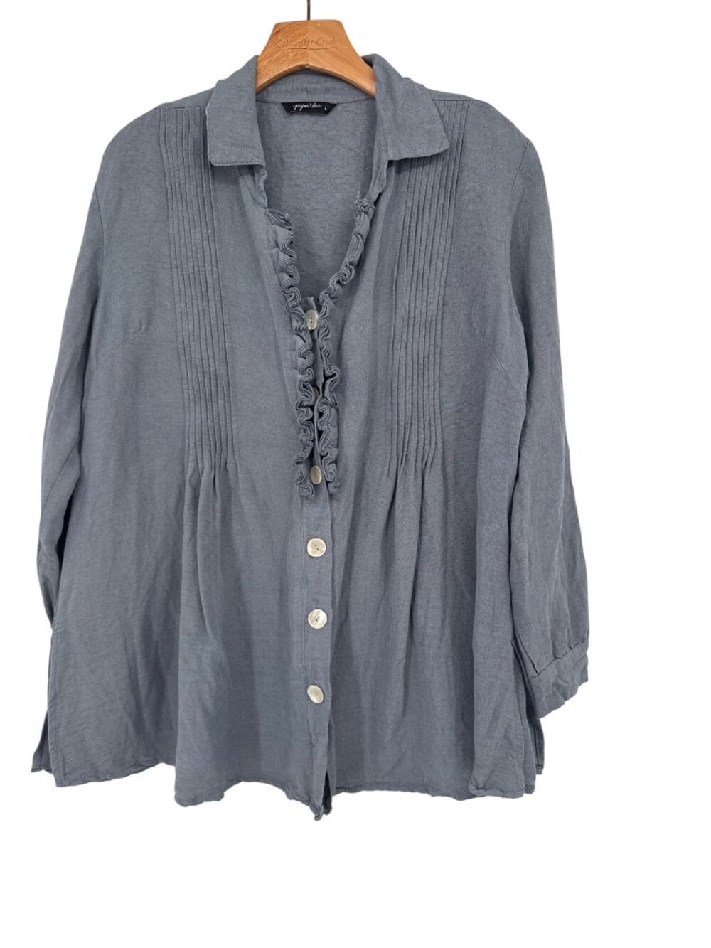 Paper Lace Womens gray Blue Button-Front Top blouse Ruffle  Linen Tensil large
